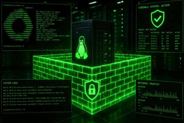 Terminal-style illustration showing a shield protecting an SSH server from brute-force attacks, with Fail2Ban jail bars blocking malicious IPs in green-on-black terminal aesthetic