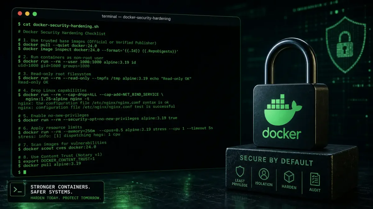 Terminal-style illustration showing Docker security hardening commands with a padlock icon, dark background with green terminal text