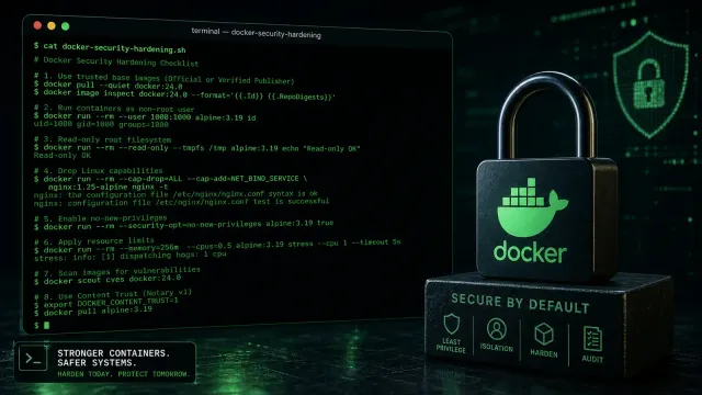 Terminal-style illustration showing Docker security hardening commands with a padlock icon, dark background with green terminal text