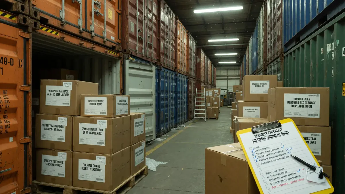 Warehouse aisle of labeled boxes with a clipboard security checklist