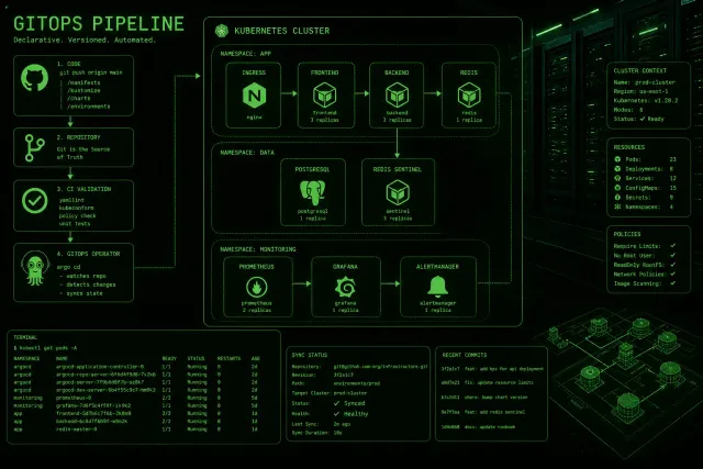 Terminal window showing Flux CD bootstrap and reconciliation commands on a Kubernetes cluster with green-on-black terminal aesthetics