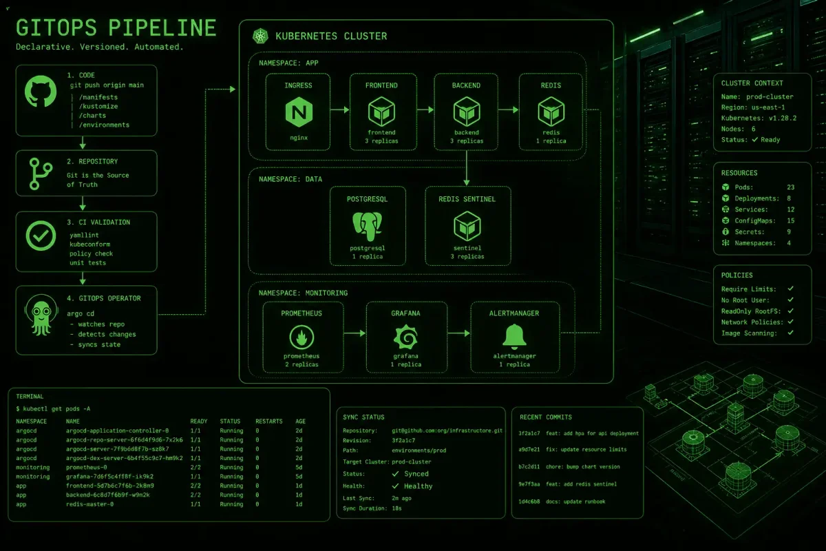 Terminal window showing Flux CD bootstrap and reconciliation commands on a Kubernetes cluster with green-on-black terminal aesthetics