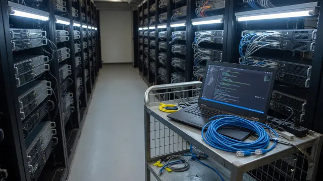 Server rack aisle with a laptop on a cart showing a YAML editor, no readable text, cool white lighting, no vendor logos.