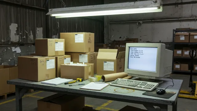 Workbench with a PC showing a package list and a stack of labeled shipping boxes, warehouse light, no neon.