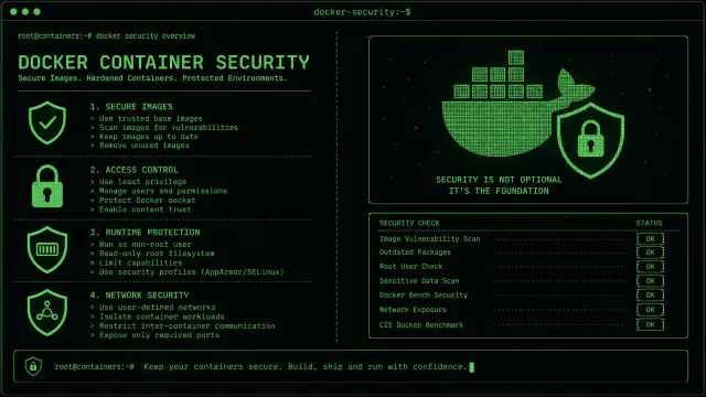 A terminal screen showing Docker container security scan results with green checkmarks and red warnings