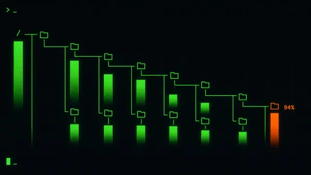 A terminal-style illustration showing a Linux disk usage analyzer with colorful bar charts and directory tree, rendered in green-on-black terminal aesthetic
