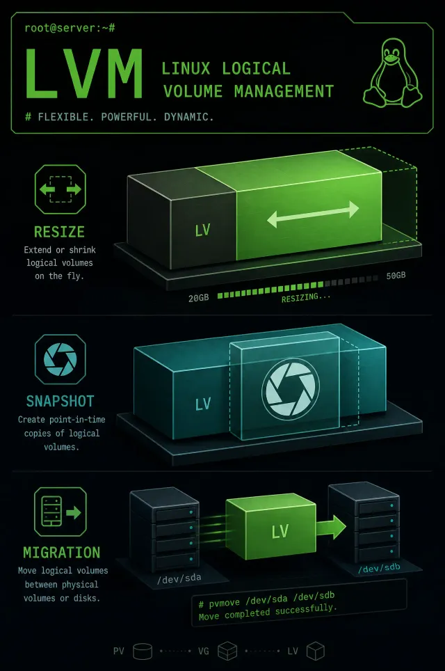 Terminal-style illustration for Linux LVM Volume Management: Resize, Snapshots, and Migration Without Downtime