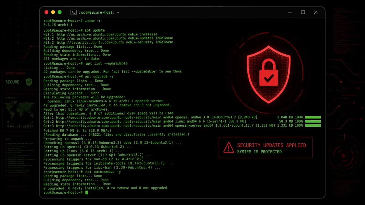 Terminal-style security alert showing patch deployment commands with red warning indicators on a dark technical background