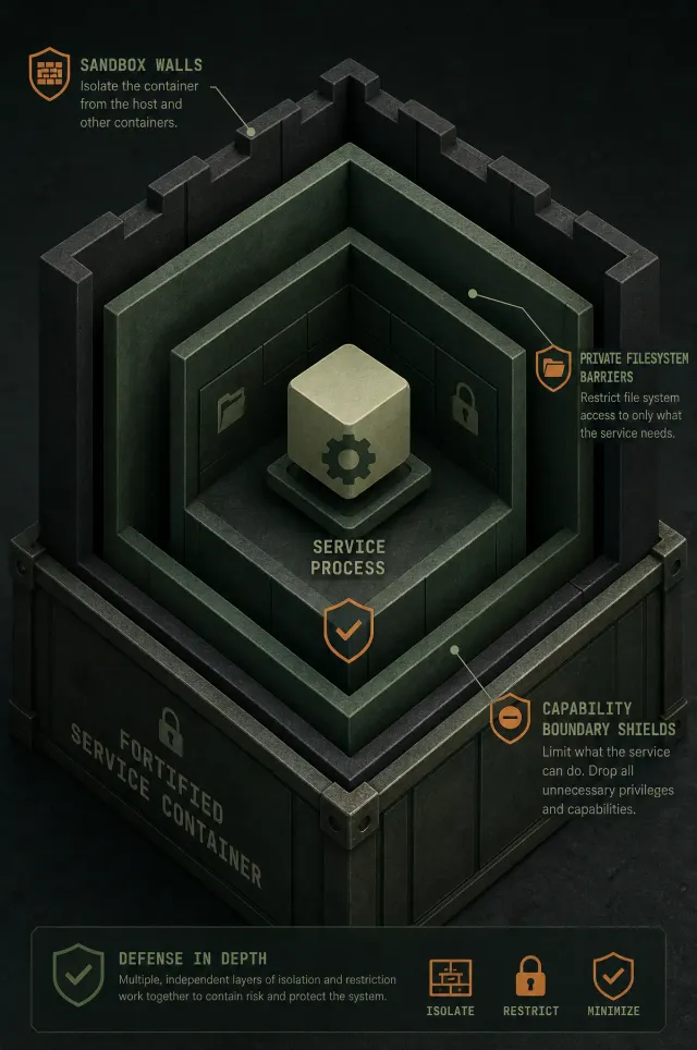 Terminal-style illustration for systemd Service Hardening: Sandboxing with ProtectSystem, PrivateTmp, and CapabilityBoundingSet