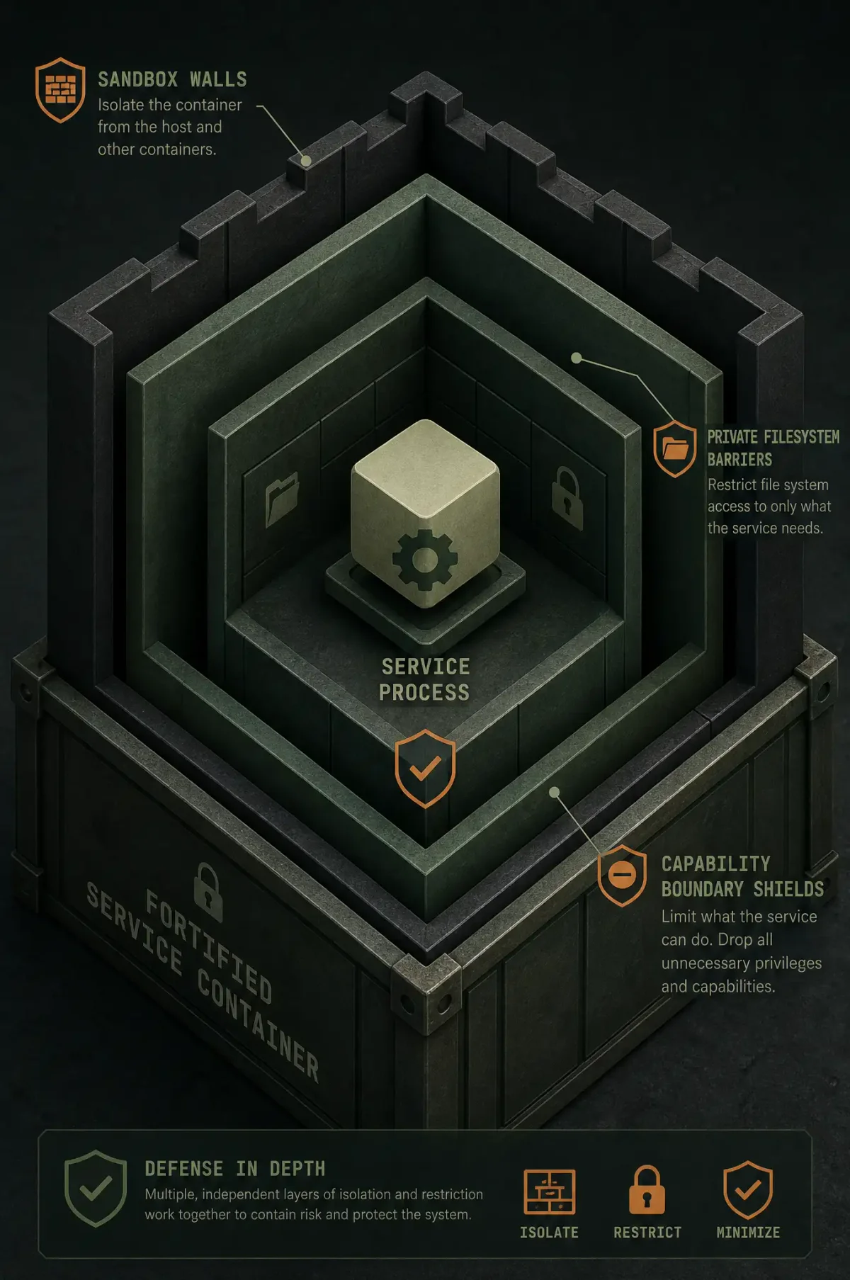 Terminal-style illustration for systemd Service Hardening: Sandboxing with ProtectSystem, PrivateTmp, and CapabilityBoundingSet