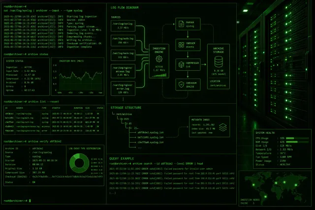 Terminal-style illustration showing Docker container log files expanding to fill a disk, with a log rotation mechanism trimming them in green-on-black terminal aesthetic