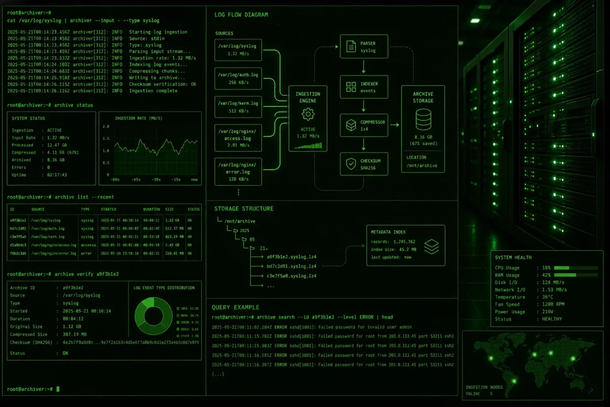 Terminal-style illustration showing Docker container log files expanding to fill a disk, with a log rotation mechanism trimming them in green-on-black terminal aesthetic