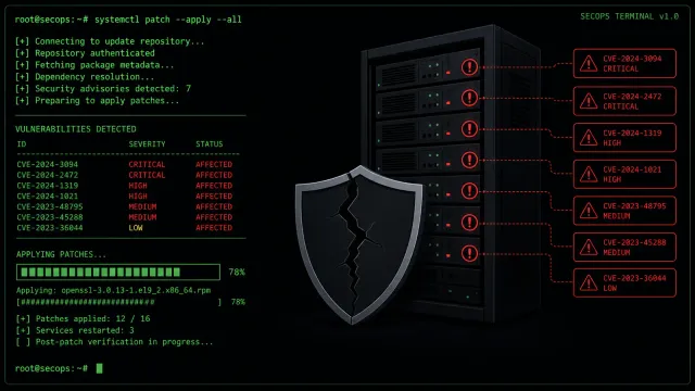 A terminal-style illustration showing a shield icon cracking under a flood of red vulnerability alerts, with a green progress bar indicating patching in progress. Dark background with terminal-green accents.