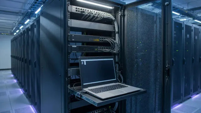 Network cabinet with a firewall appliance and a laptop showing a command prompt, cool aisle lighting, no logos or readable IPs.