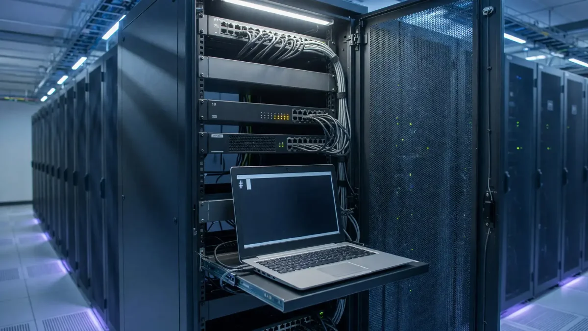 Network cabinet with a firewall appliance and a laptop showing a command prompt, cool aisle lighting, no logos or readable IPs.