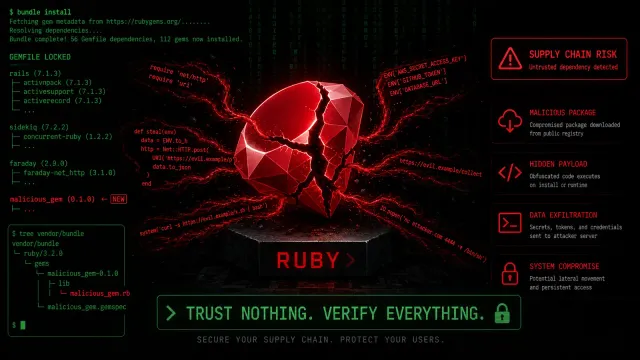 A stylized terminal illustration showing a Ruby gem icon cracked open with malicious code tendrils spreading outward against a dark background with red warning accents and a glowing terminal green cursor.