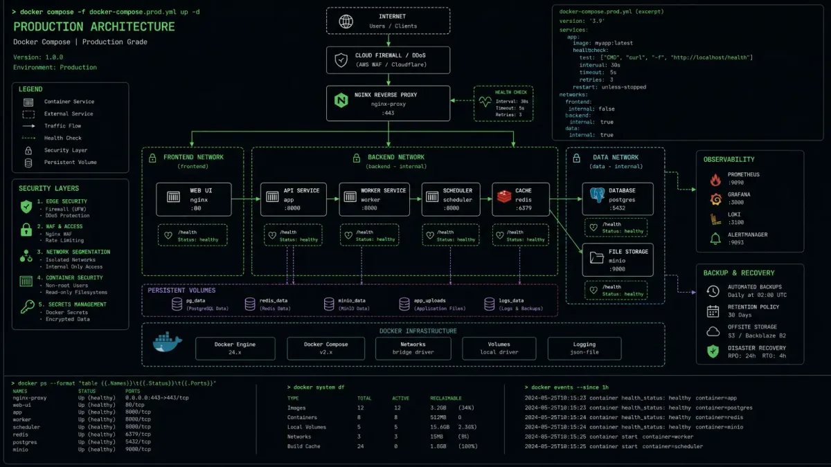 Docker Compose production architecture diagram with interconnected container services