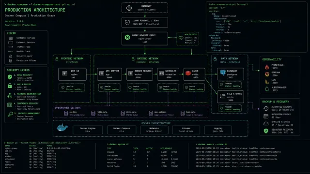 Docker Compose production architecture diagram with interconnected container services