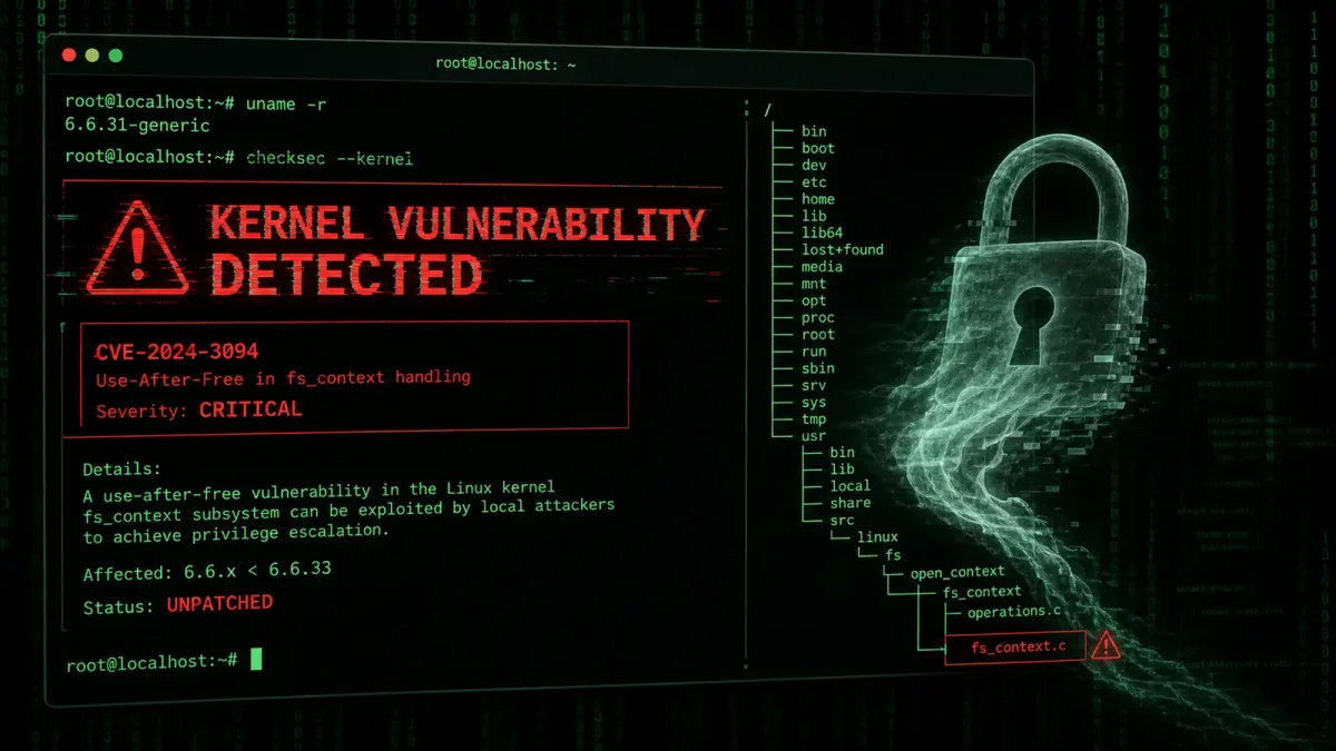 A terminal window displaying a kernel vulnerability alert with a ghost-like lock icon partially fading through a Linux file system hierarchy, rendered in dark terminal green and warning red tones