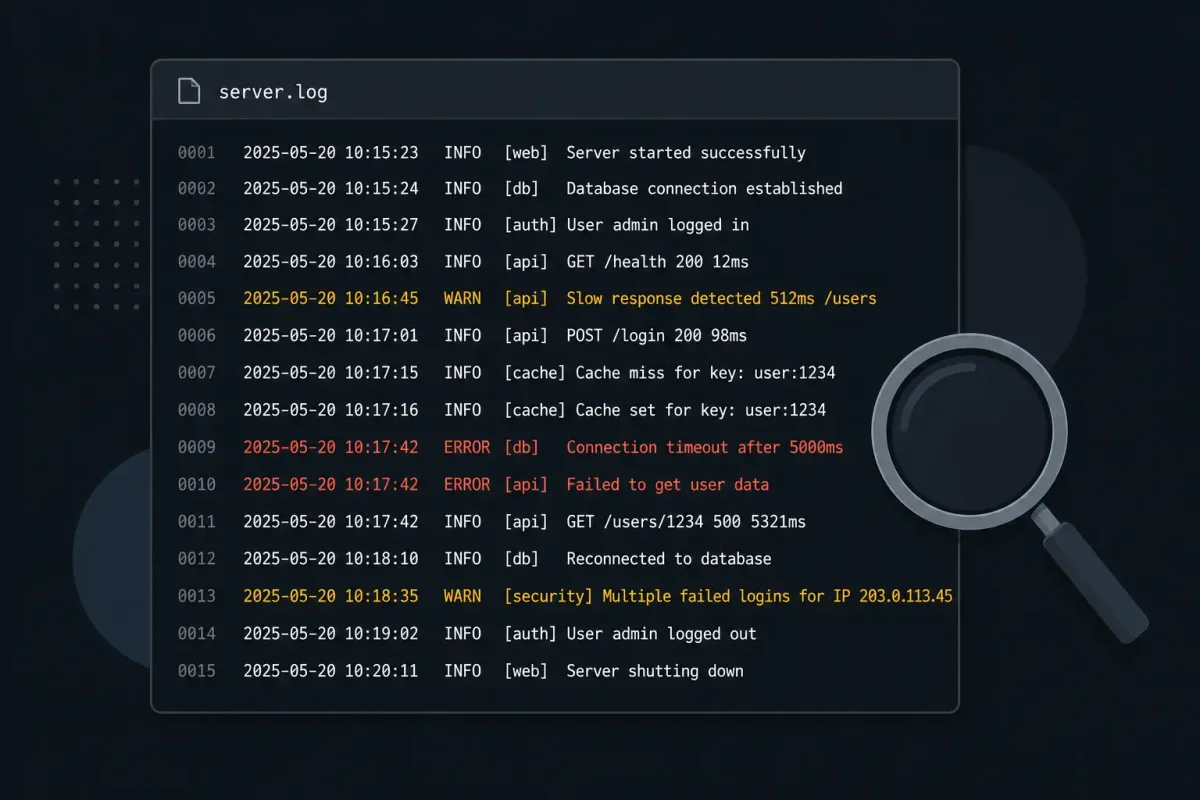 Linux terminal showing log analysis with grep, awk, and visualization