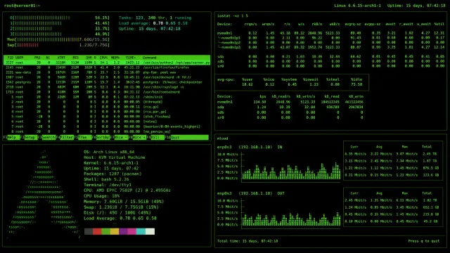 A terminal screen displaying Linux performance monitoring tools like htop and iostat, with glowing green text against a dark background, rendered in a hacker aesthetic style