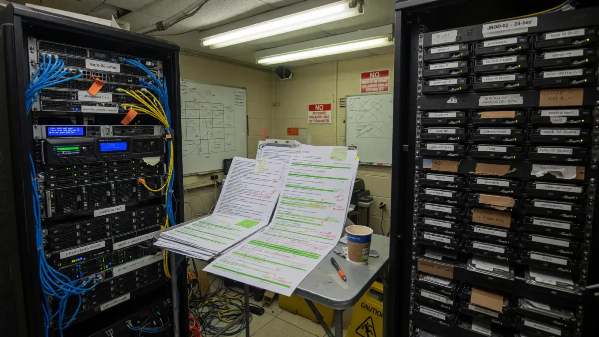 Rack-mounted server beside stacked log printouts and a crowded disk shelf