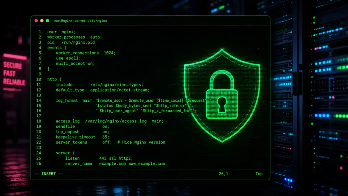 Terminal screen showing Nginx configuration with green text on dark background