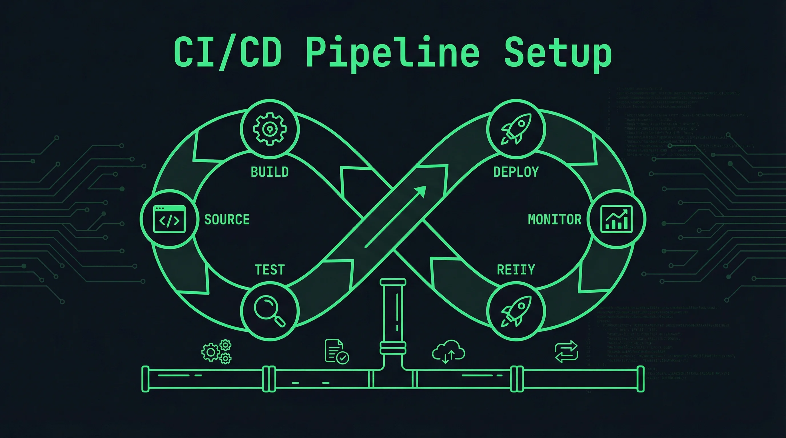 CI/CD pipeline visualization with build, test, and deploy stages