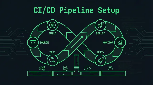 CI/CD pipeline visualization with build, test, and deploy stages
