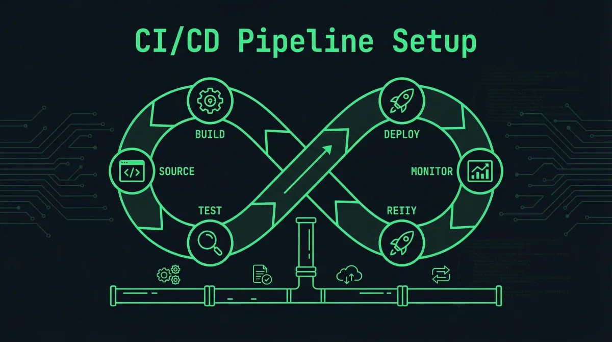 CI/CD pipeline visualization with build, test, and deploy stages