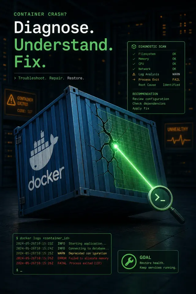 Terminal-style illustration for Docker Container Crash Loop: Diagnosing and Fixing Exit Code 1 and 137