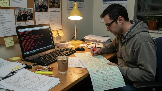 Engineer marking failed code diffs with a red pen beside a laptop showing failing tests
