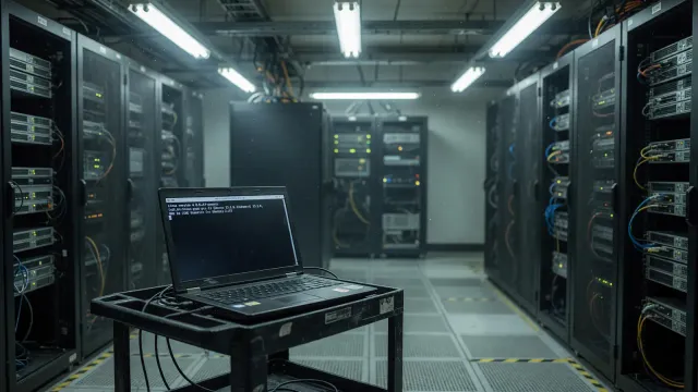 Server room aisle with a laptop showing a kernel version string, cool fluorescent light, no logos or readable hostnames.