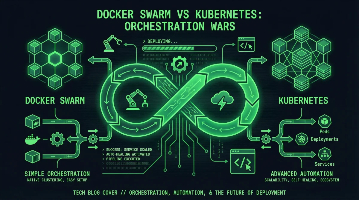 Docker Swarm and Kubernetes logos with container orchestration visualization
