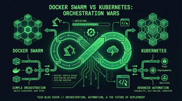 Docker Swarm and Kubernetes logos with container orchestration visualization