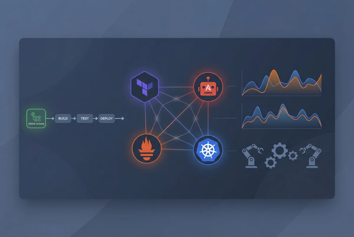 DevOps automation tools dashboard showing CI/CD pipelines, monitoring graphs, and infrastructure management interfaces