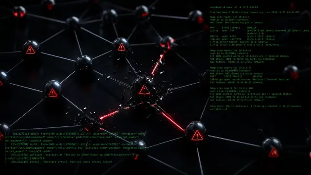 Abstract visualization of compromised software supply chain with warning symbols on Linux terminal background