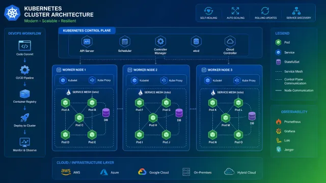 Kubernetes cluster architecture visualization with container pods