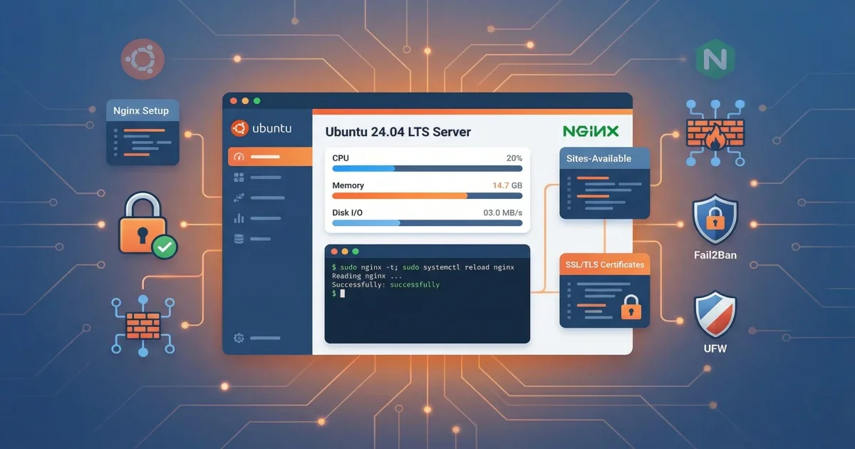 Ubuntu 24.04 server with Nginx configuration interface showing security settings and reverse proxy setup