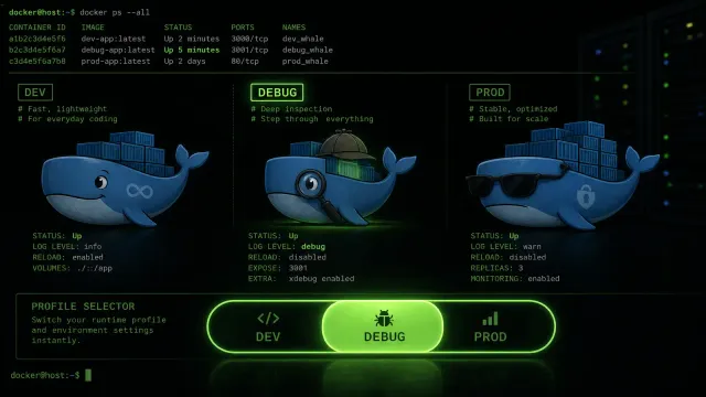 Terminal-style illustration showing three Docker containers arranged vertically with a profile selector switch toggling between dev, debug, and prod modes, green-on-black terminal aesthetic