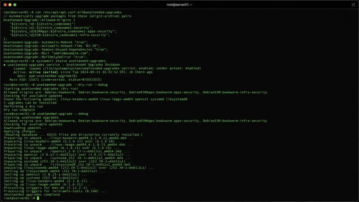 Ubuntu server terminal showing automated patch management configuration