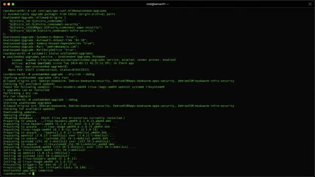 Ubuntu server terminal showing automated patch management configuration