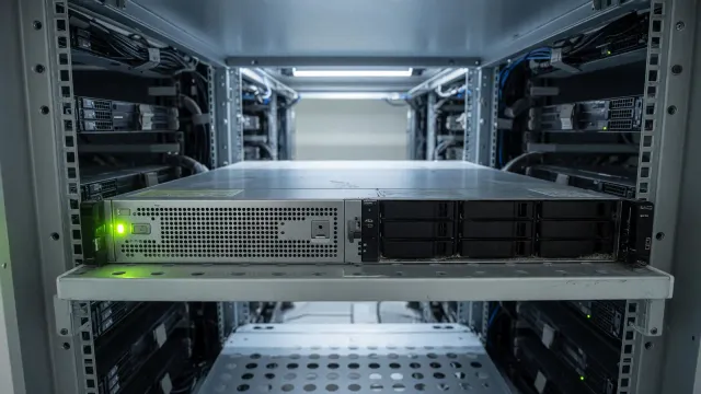 Two server nodes on a rack shelf, one with a small green status LED, one dark, cool aisle lighting, no vendor logos.