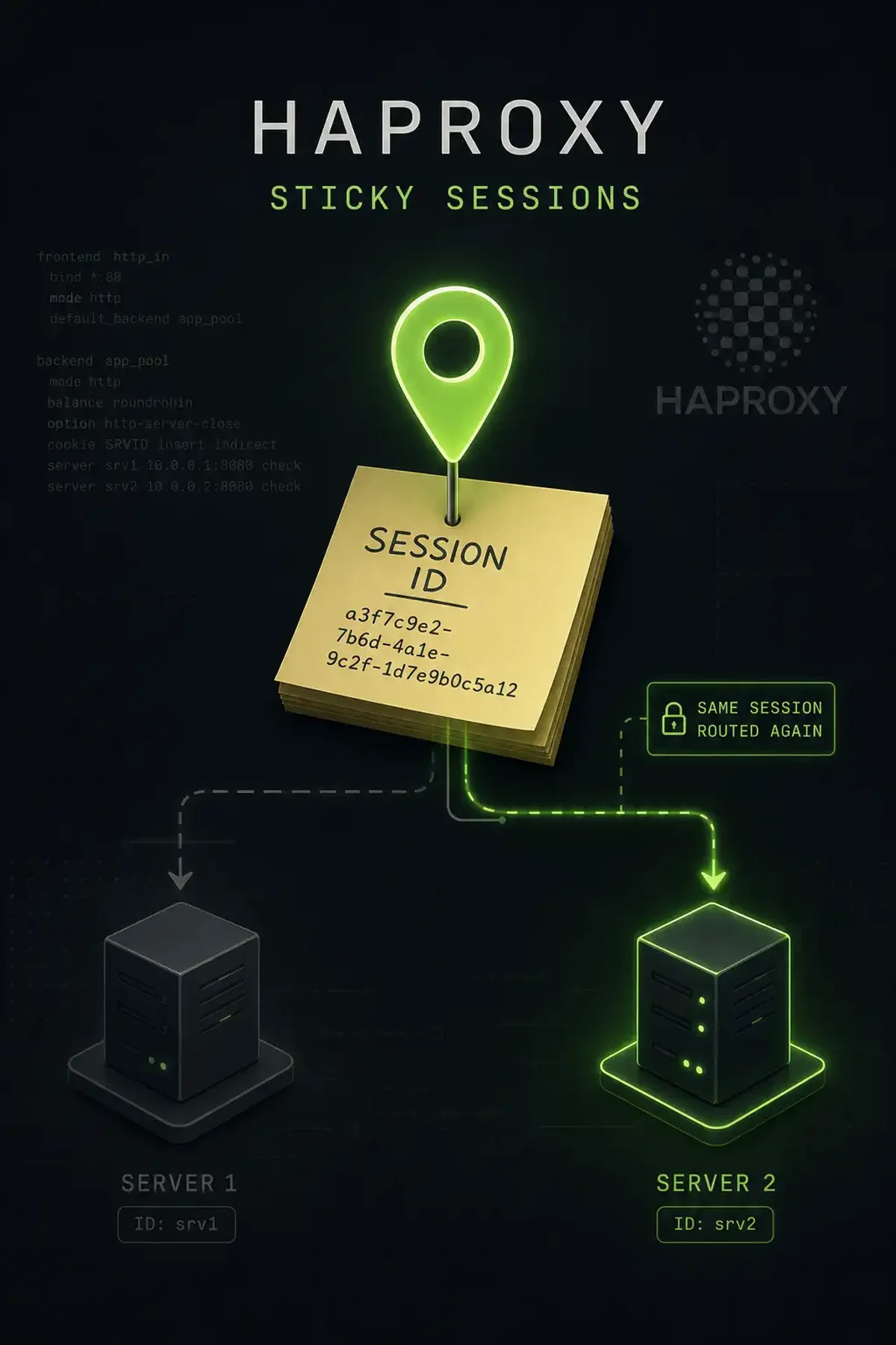 Terminal-style illustration for HAProxy Sticky Sessions: Session Persistence for Stateful Applications