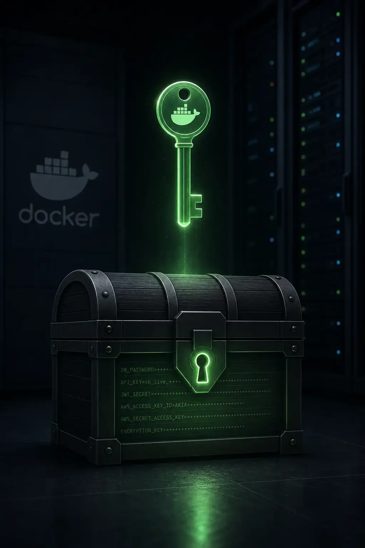 Terminal-style illustration for Docker Secrets Management: Securing Sensitive Data in Swarm and Compose