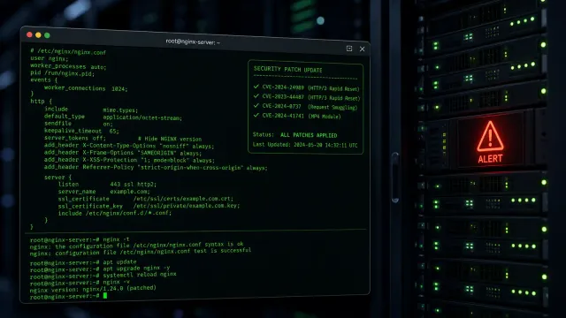 NGINX server configuration terminal showing version check and upgrade commands