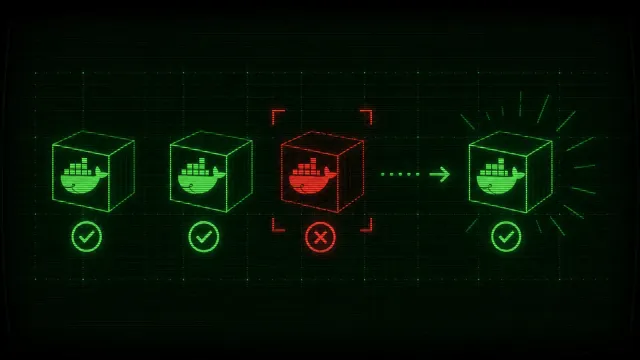 Terminal-style illustration showing Docker container status with health check indicators, green and red status lights on a dark background with code snippets