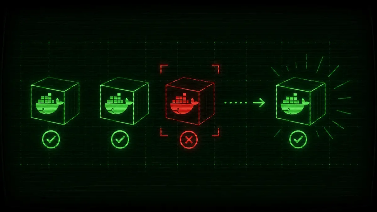Terminal-style illustration showing Docker container status with health check indicators, green and red status lights on a dark background with code snippets