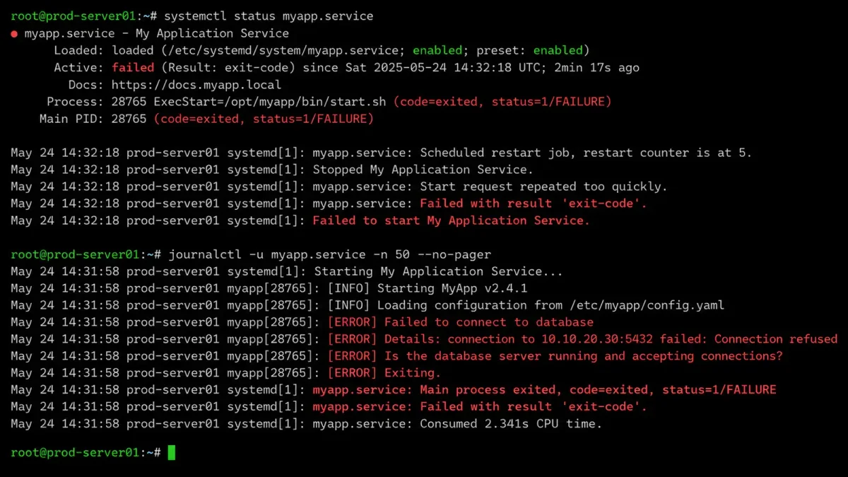 Linux terminal displaying systemd service failure logs with red error messages on dark background