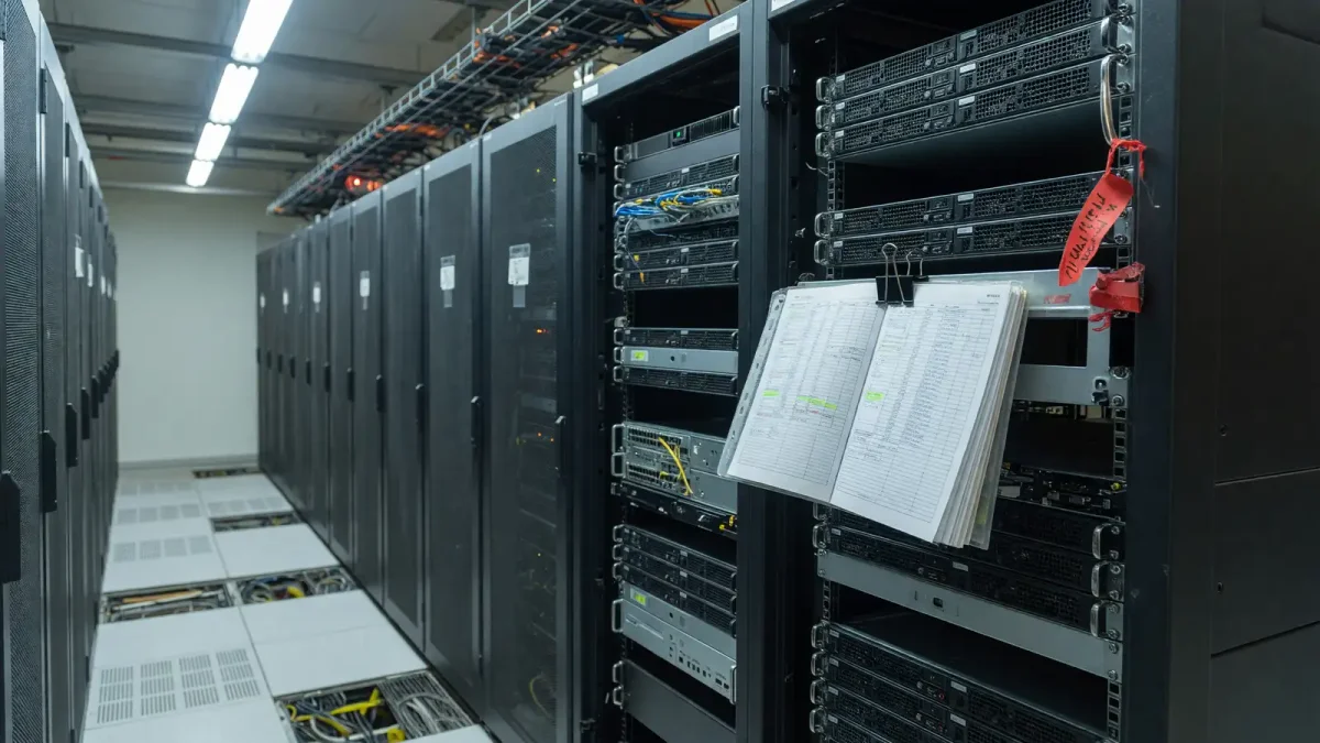 A server aisle in cool light, a rack pulled forward, a blank runbook on the rail and a red string tag on a handle.
